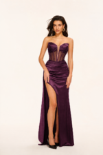 Strapless Mesh Corset Satin Evening Gown with High Slit in EGGPLANT