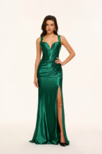 Wide-Strap Sweetheart Corset Satin Mermaid Prom Gown with High Slit in EMERALD