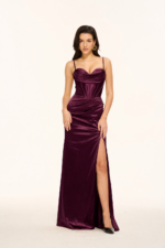 Spaghetti-Strap Cowl-Neck Corset Satin Mermaid Prom Gown with Lace-Up Back in EGGPLANT