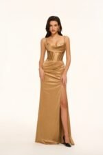 Spaghetti-Strap Cowl-Neck Corset Satin Mermaid Prom Gown with Lace-Up Back in GOLD