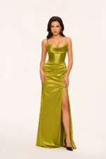 Spaghetti-Strap Cowl-Neck Corset Satin Mermaid Prom Gown with Lace-Up Back in GREENERY