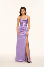 Spaghetti-Strap Cowl-Neck Corset Satin Mermaid Prom Gown with Lace-Up Back in LAVENDER