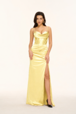 Spaghetti-Strap Cowl-Neck Corset Satin Mermaid Prom Gown with Lace-Up Back in LT YELLOW