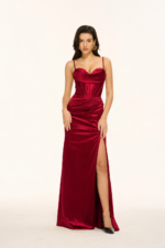 Spaghetti-Strap Cowl-Neck Corset Satin Mermaid Prom Gown with Lace-Up Back in RED