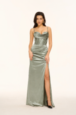 Spaghetti-Strap Cowl-Neck Corset Satin Mermaid Prom Gown with Lace-Up Back in SAGE