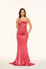 Spaghetti-Strap Cowl-Neck Ruched Satin Mermaid Bridesmaid Gown in CORAL