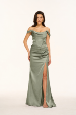 Off-the-Shoulder Cowl Satin Mermaid Bridesmaid Gown with Slit in DARK SAGE
