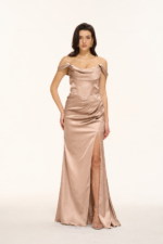 Off-the-Shoulder Cowl Satin Mermaid Bridesmaid Gown with Slit in GOLD