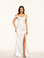 Off-the-Shoulder Cowl Satin Mermaid Bridesmaid Gown with Slit in OFF WHITE