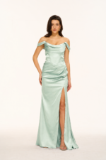Off-the-Shoulder Cowl Satin Mermaid Bridesmaid Gown with Slit in SOFT MINT