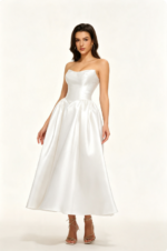 Strapless Satin Tea-Length A-Line Cocktail Dress with Lace-Up Back in OFF WHITE