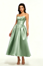 Strapless Satin Tea-Length A-Line Cocktail Dress with Lace-Up Back in SAGE