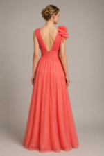 Coral Asymmetric One-Shoulder Ruched Chiffon A-Line Bridesmaid Gown detail view