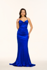 K0926006 royal blue satin bridesmaid gown front view