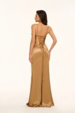 Spaghetti-Strap Cowl-Neck Corset Satin Mermaid Prom Gown with Lace-Up Back back view
