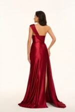 One-Shoulder Ruched Satin Mermaid Evening Gown with High Slit back view